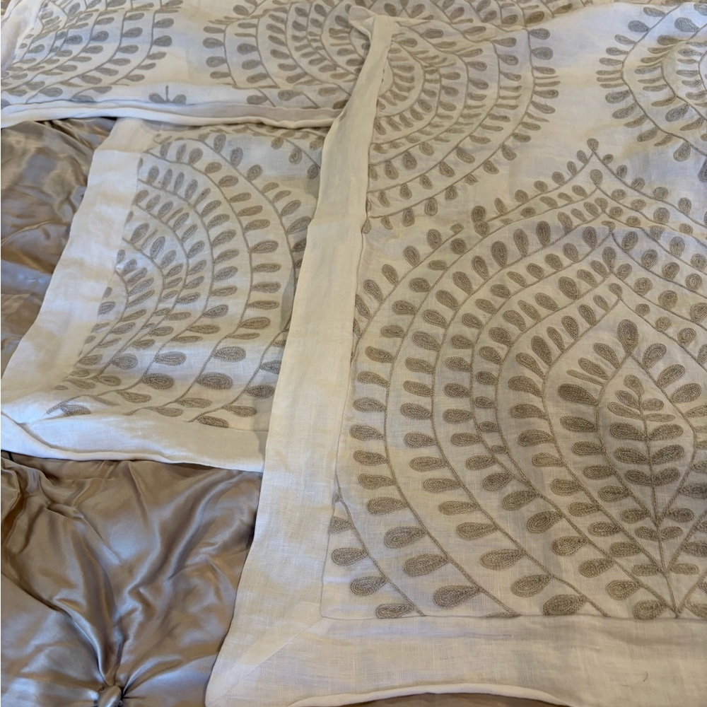 RH 100% linen palmette embroidered Euro shams-set of 3. Used for staging.